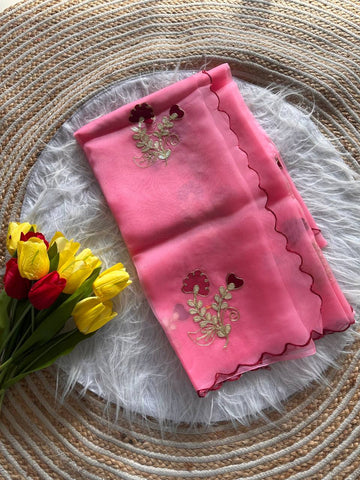 Pink Premium Organza Saree with Hand Gota & Viscose Dori Embroidery Work