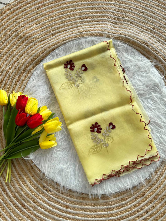 Lemon Yellow Premium Organza Saree with Hand Gota & Viscose Dori Embroidery Work