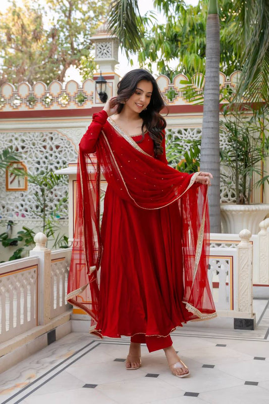 Red Wedding Anarkali Suit Set for Women - Georgette Kurta with Dupatta