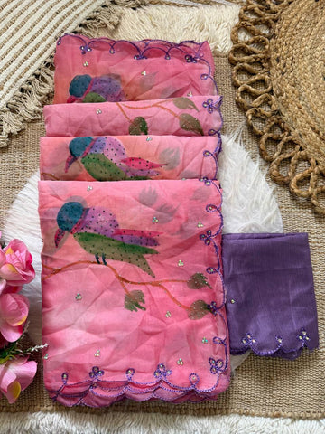 Pink Premium Tabby Organza Print Saree with Bird Motif
