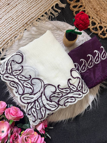 Off-White & Plum Purple Premium Crunchy Silk Saree with Embroidery C-Pallu