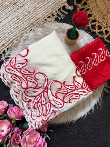 Off-White & Crimson Red Premium Crunchy Silk Saree with Embroidery C-Pallu