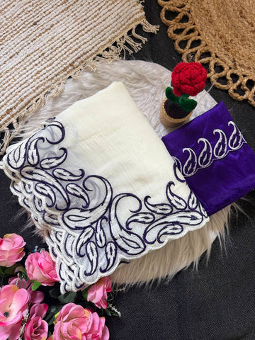 Off-White & Royal Blue Premium Crunchy Silk Saree with Embroidery C-Pallu