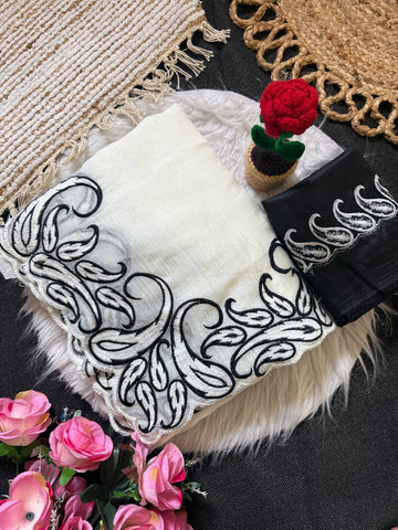 Off-White & Jet Black Premium Crunchy Silk Saree with Embroidery C-Pallu