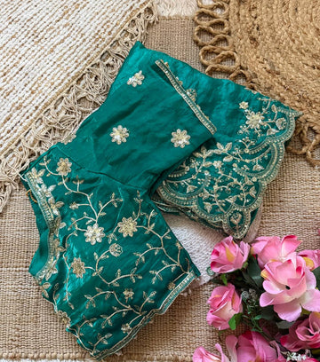 Teal Green Pure Fancy Satin Silk Saree with Zari Sequin Embroidery Scalloped Cutwork Border & Stitched Blouse