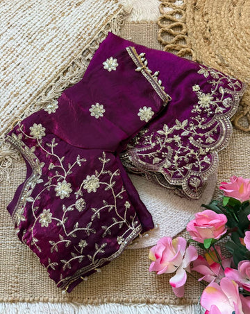 Deep Wine Pure Fancy Satin Silk Saree with Zari Sequin Embroidery Scalloped Cutwork Border & Stitched Blouse