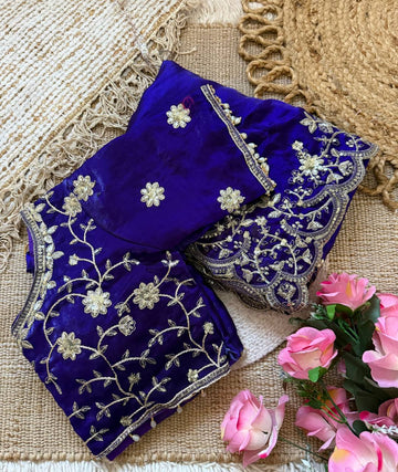 Royal Violet Pure Fancy Satin Silk Saree with Zari Sequin Embroidery Scalloped Cutwork Border & Stitched Blouse