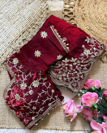 Crimson Red Pure Fancy Satin Silk Saree with Zari Sequin Embroidery Scalloped Cutwork Border & Stitched Blouse