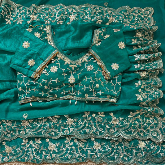 Teal Green Pure Fancy Satin Silk Saree with Zari Sequin Embroidery Scalloped Cutwork Border & Stitched Blouse