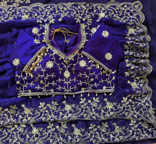 Royal Violet Pure Fancy Satin Silk Saree with Zari Sequin Embroidery Scalloped Cutwork Border & Stitched Blouse