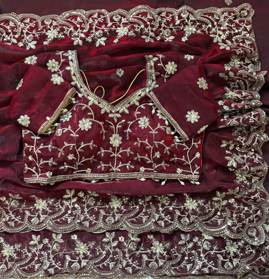 Crimson Red Pure Fancy Satin Silk Saree with Zari Sequin Embroidery Scalloped Cutwork Border & Stitched Blouse
