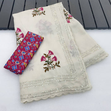 White Premium Vichitra Saree with C-Pallu Embroidery & Multi Thread Work