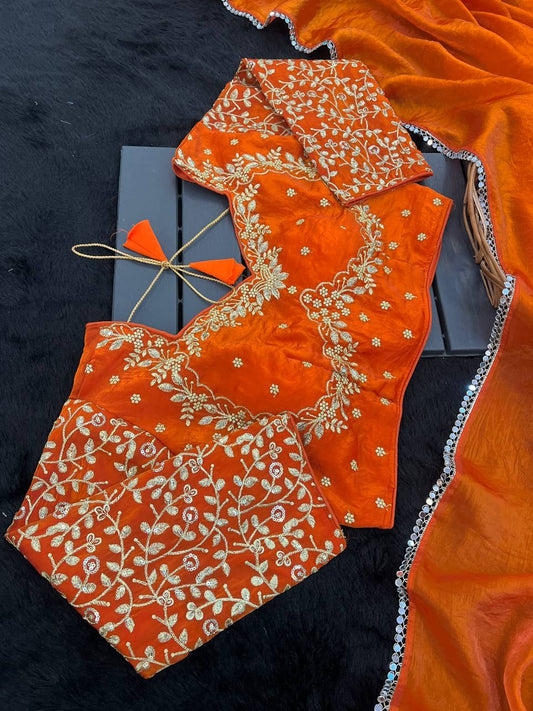 Orange Premium Fancy Satin Saree with Mirror Lace Border