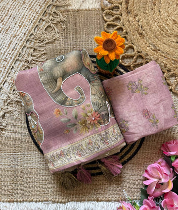 Beige & Mauve Pink Pure Soft Linen Cotton Silk Digital Elephant Print Saree with Khatli Kutdana & Stone Work