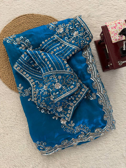 Premium Blue Fandy Silk Bids and Stone Work Saree