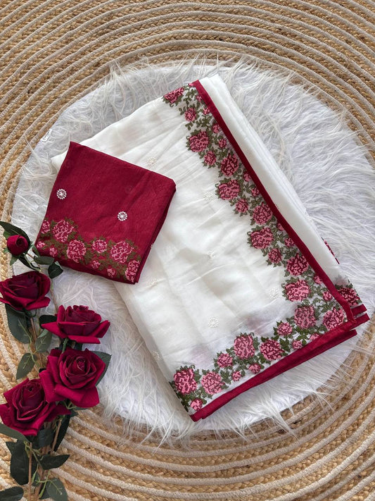 Pearl White Sundha Pure Simmer Tissue Silk Saree with Rose Cross Stitch Viscose Embroidery