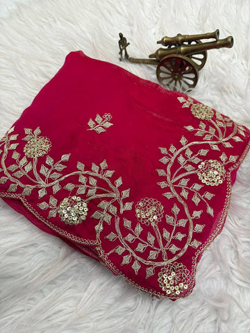 Rani Pink Premium Fancy Satin Saree with Multi Thread Floral Embroidery & Arco Cutwork Border