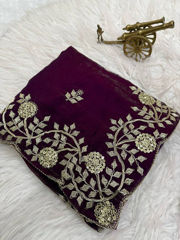 Wine Premium Fancy Satin Saree with Multi Thread Floral Embroidery & Arco Cutwork Border