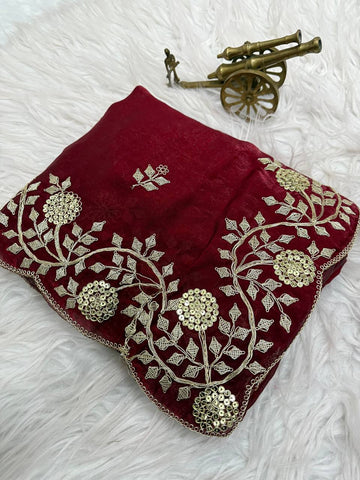 Maroon Premium Fancy Satin Saree with Multi Thread Floral Embroidery & Arco Cutwork Border