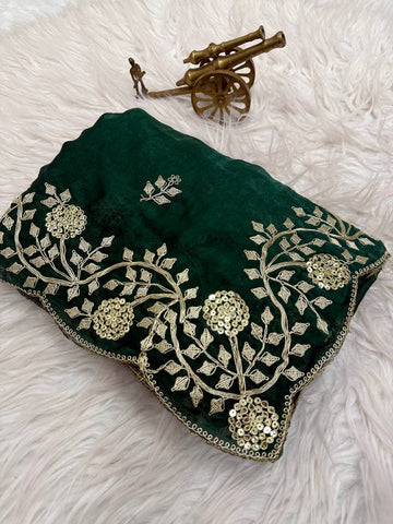 Dark Green Premium Fancy Satin Saree with Multi Thread Floral Embroidery & Arco Cutwork Border
