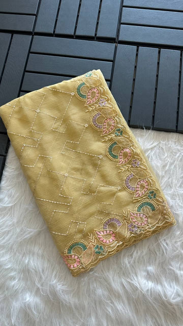 Pista Green Chanda Pure Simmer Organza Silk Saree with Lucknowi Thread Embroidery Butta & Chikankari Border