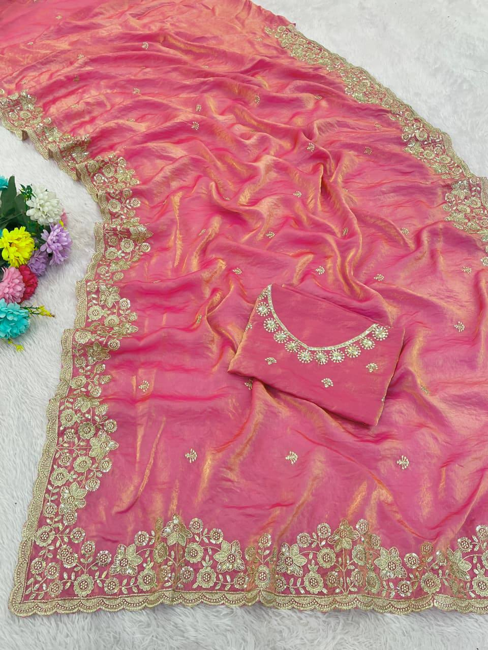 Pink Premium Fancy Satin Saree with 3mm Sequence Embroidery & Arco Cutwork Border