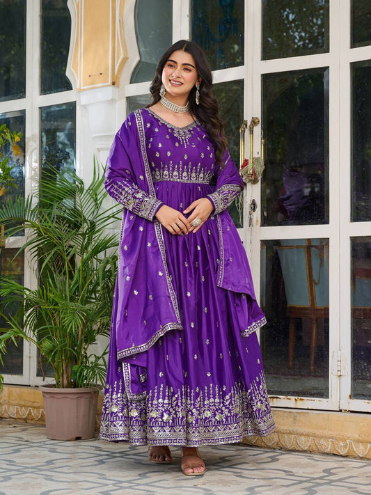Purple Royale Anarkali Suit Set for Women - American Silk with Dupatta