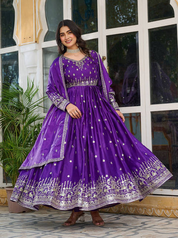 Purple Royale Anarkali Suit Set for Women - American Silk with Dupatta