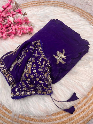 Purple Chakli Saree - Fancy Satin Silk with Sparrow Butta Bits Work & Cutwork Border