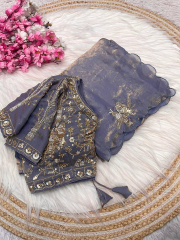Grey Chakli Saree - Fancy Satin Silk with Sparrow Butta Bits Work & Cutwork Border