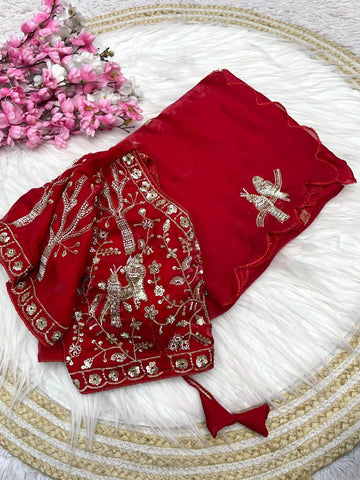 Red Chakli Saree - Fancy Satin Silk with Sparrow Butta Bits Work & Cutwork Border