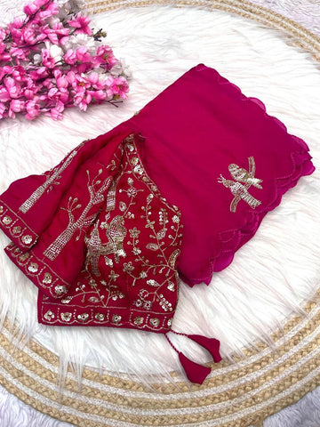 Rani Pink Chakli Saree - Fancy Satin Silk with Sparrow Butta Bits Work & Cutwork Border