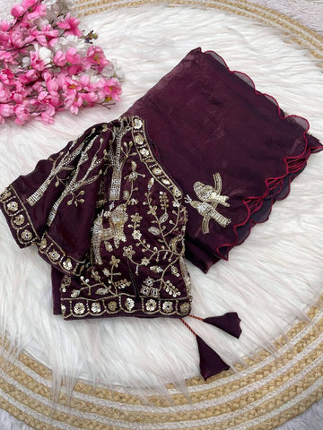 Wine Chakli Saree - Fancy Satin Silk with Sparrow Butta Bits Work & Cutwork Border