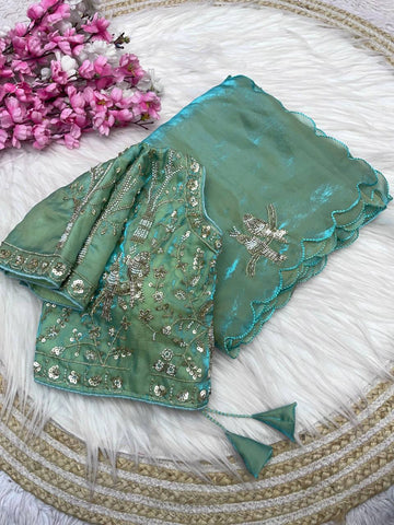 Sea Green Chakli Saree - Fancy Satin Silk with Sparrow Butta Bits Work & Cutwork Border