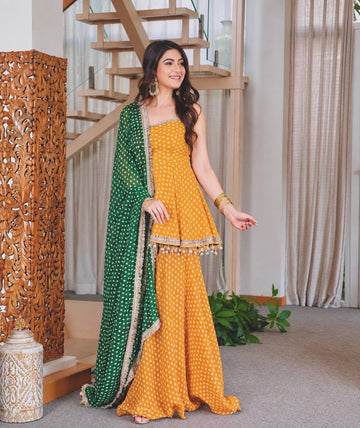 Mustard Bandhani Print Sharara Suit Set with Green Dupatta For Haldi Function