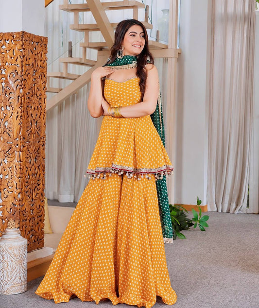 Mustard Bandhani Print Sharara Suit Set with Green Dupatta For Haldi Function