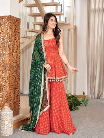 Festival Wear Orange Bandhani Print Sharara Suit Set with Green Dupatta