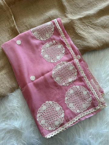 Peach Pure Soft Wari Chiffon Silk Saree with Sequence Cutdana Embroidery & Multi Border Aarco Work