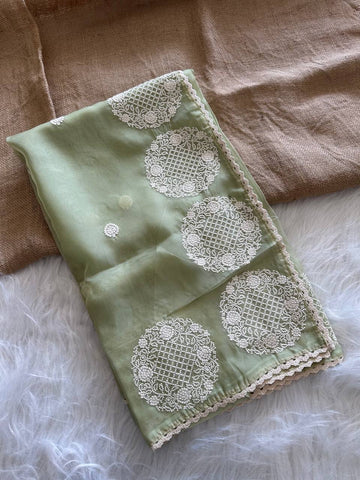 Green Tie-Dye Organza Silk Saree with Structure Print & Embroidery Thread Work Aztec Border