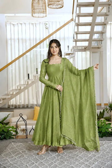 Olive Green Flared Anarkali Gown with Delicate Sequin Embellish Dupatta
