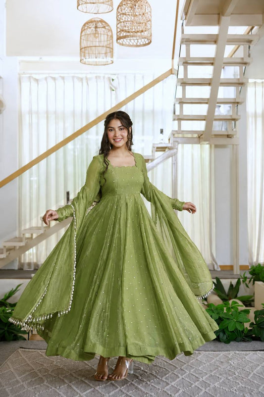 Olive Green Flared Anarkali Gown with Delicate Sequin Embellish Dupatta