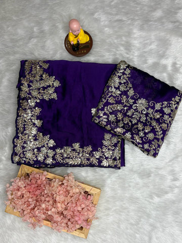 Purple Rangoli Silk Saree - 3mm Coding C-Pallu Embroidery with Cutwork Border