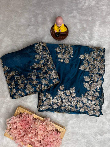 Teal Blue Rangoli Silk Saree - 3mm Coding C-Pallu Embroidery with Cutwork Border