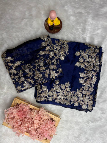 Navy Blue Rangoli Silk Saree - 3mm Coding C-Pallu Embroidery with Cutwork Border