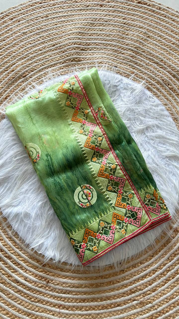Cream Pure Soft Wari Chiffon Silk Saree with Sequence Cutdana Embroidery & Multi Border Aarco Work