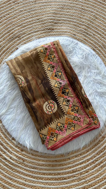 Peach Yellow Pure Soft Wari Chiffon Silk Saree with Sequence Cutdana Embroidery & Multi Border Aarco Work