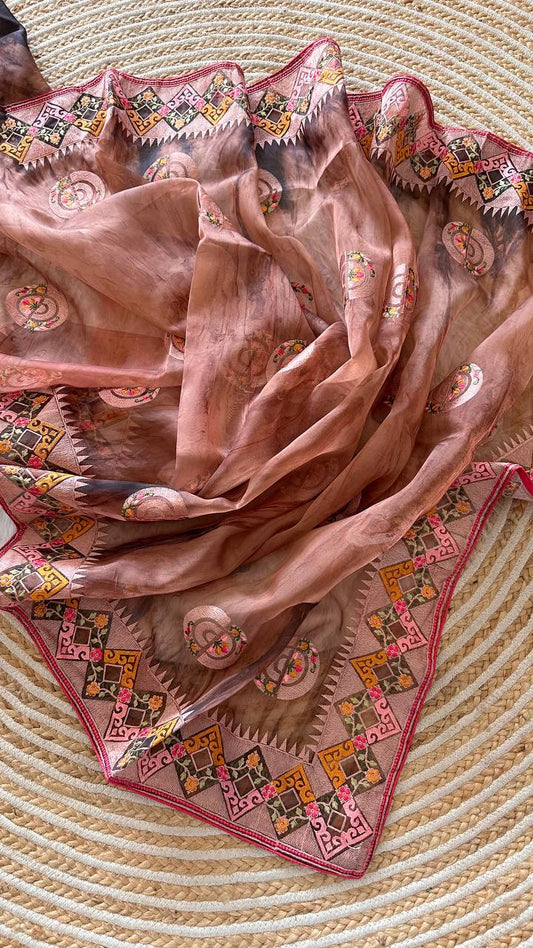 Peach Tie-Dye Organza Silk Saree with Structure Print & Embroidery Thread Work Aztec Border