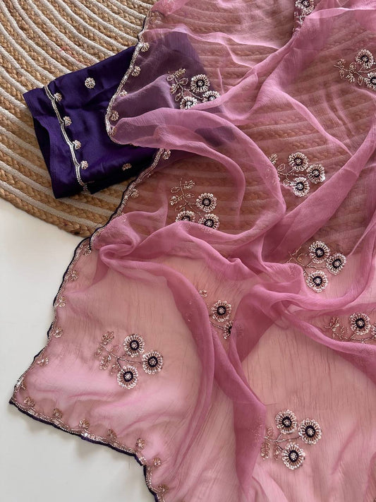 Dusty Pink Pure Soft Wari Chiffon Silk Saree with Sequence Cutdana Embroidery & Multi Border Aarco Work