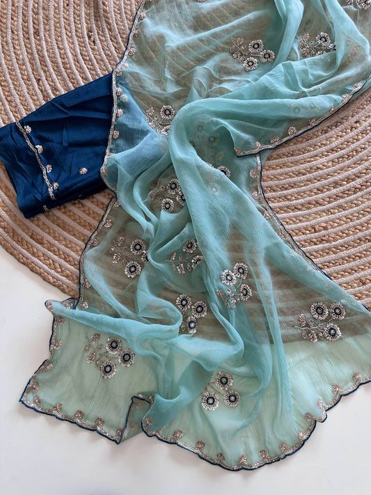 Sky Blue Pure Soft Wari Chiffon Silk Saree with Sequence Cutdana Embroidery & Multi Border Aarco Work
