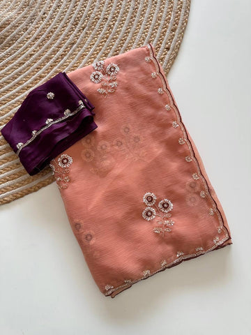 Dusty Pink Pure Soft Wari Chiffon Silk Saree with Sequence Cutdana Embroidery & Multi Border Aarco Work